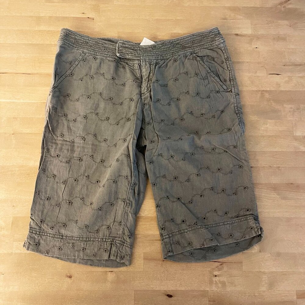 Anthropologie Hei Hei Vintage Olive Gray Eyelet Linen Bermuda Shorts | Size 10